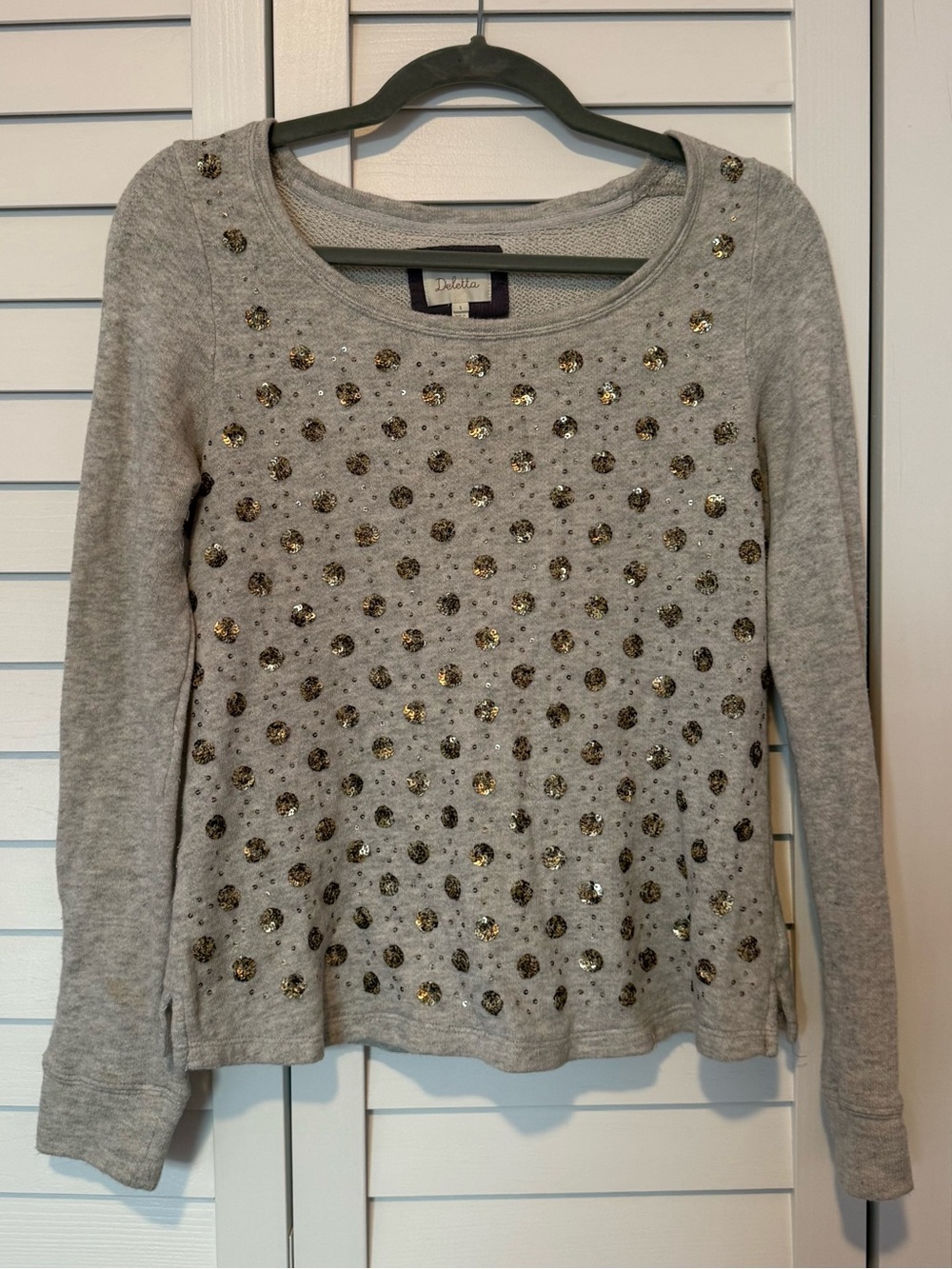 Deletta Anthropologie Gray Sequin Dot Long-Sleeve Sweatshirt, Fall, Cozy, Comfy